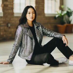 Colleen Lopez Luxe Silver Sequin Moto Jacket Sz 1X Asymmetrical Zip Sparkle NWT